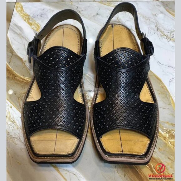 Black Leather Tribal Peshawari Chappal: Traditional Handmade Men’s Footwear main image 4